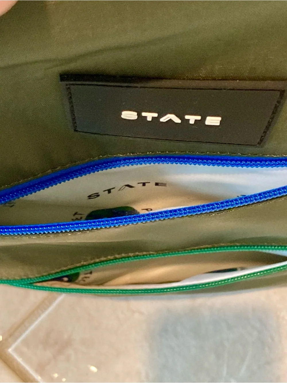 NWT STATE Dark Green Backpack with Blue & Green Zippers and Pink Loop